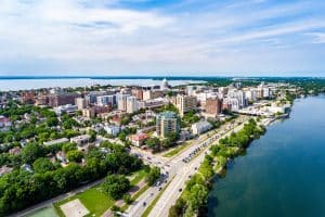 aerial view of madison wisconsin isthmus and wisconsin state ca