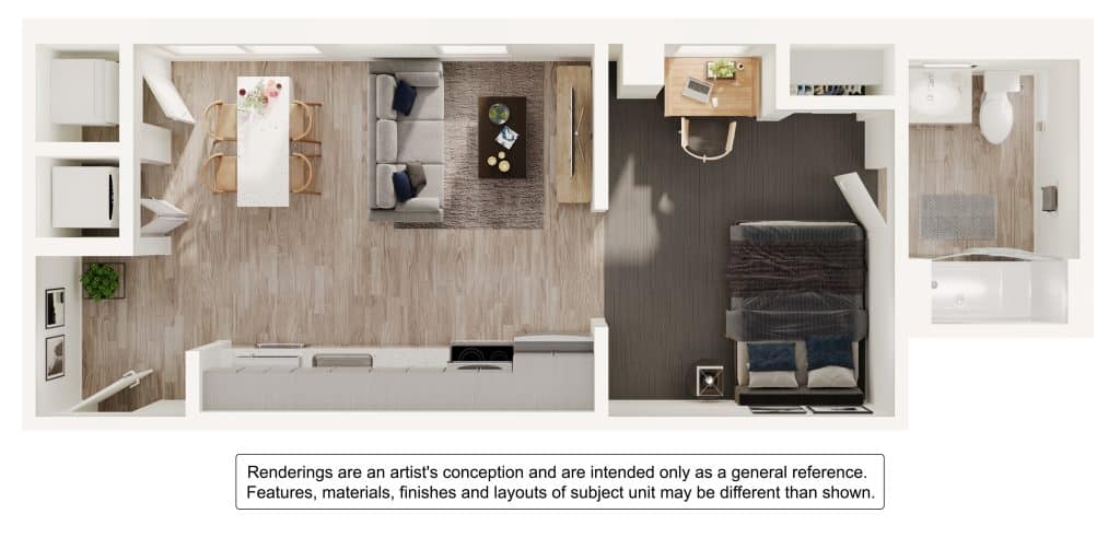 A 3D image of the 1BR/1BA – Jr floorplan, a 398 squarefoot, 0 bed / 1 bath unit