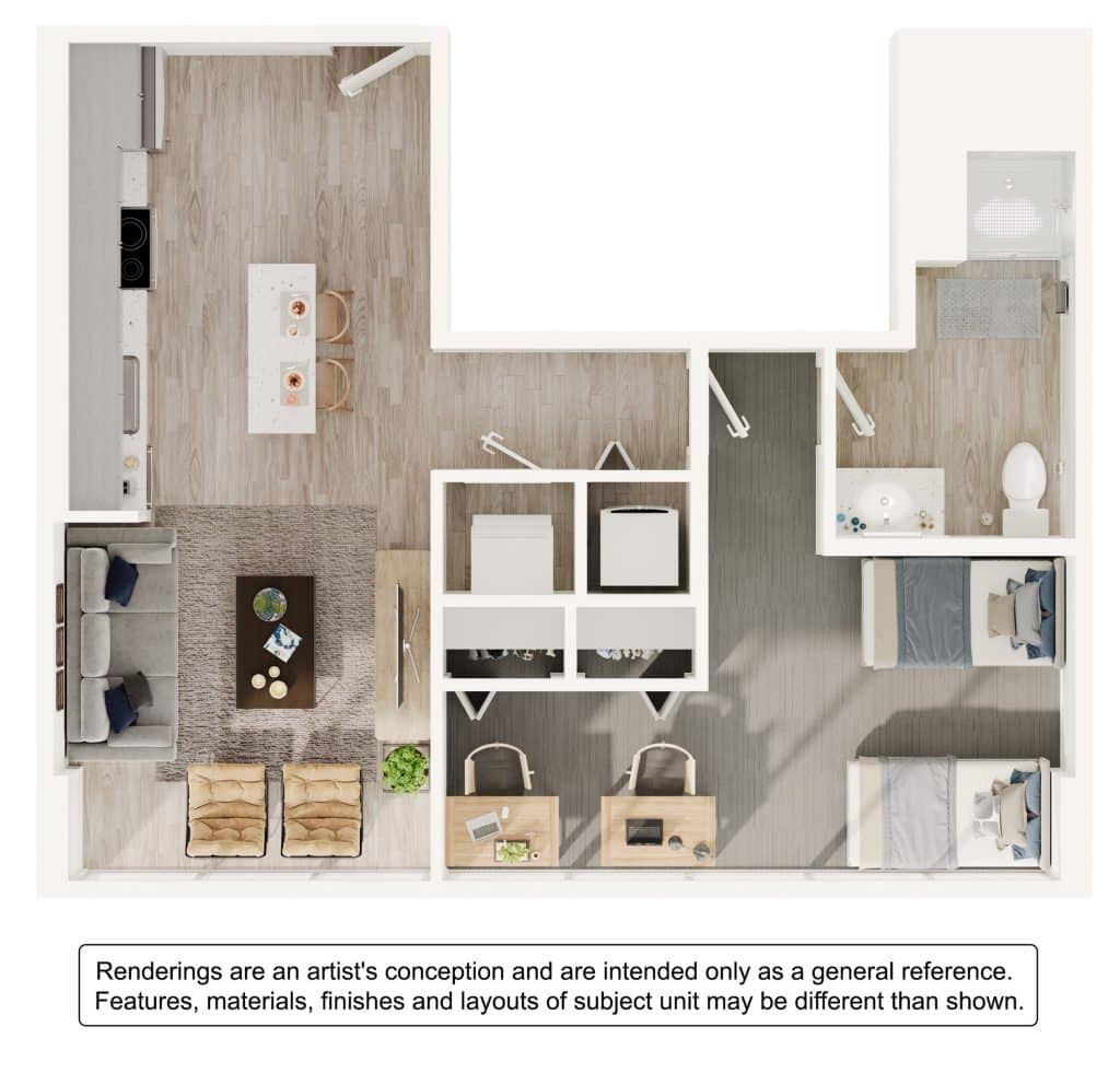 A 3D image of the 1BR/1BA – A2 floorplan, a 618 squarefoot, 1 bed / 1 bath unit