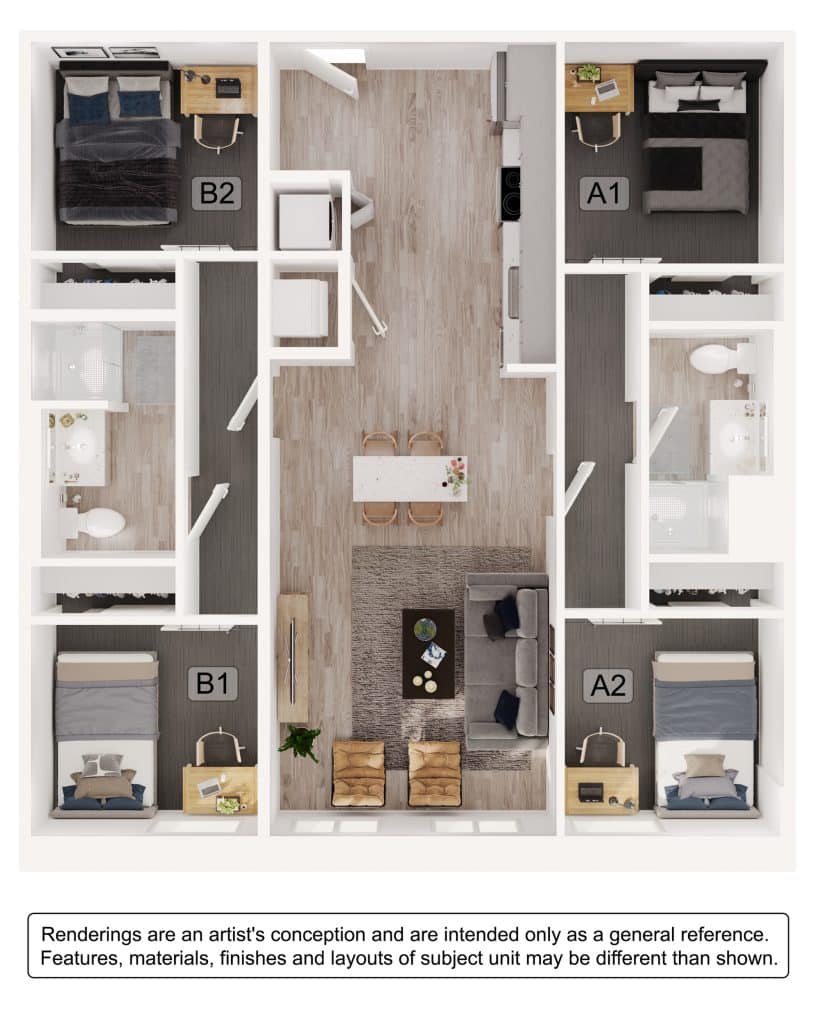 A 3D image of the 2BR/2BA – B2 floorplan, a 1108 squarefoot, 2 bed / 2 bath unit