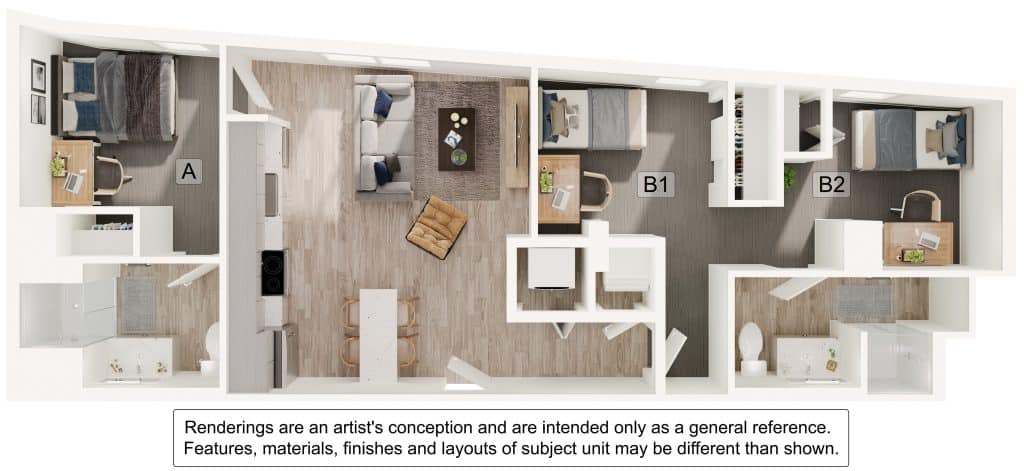 A 3D image of the 2BR/2BA – B3 floorplan, a 849 squarefoot, 2 bed / 2 bath unit