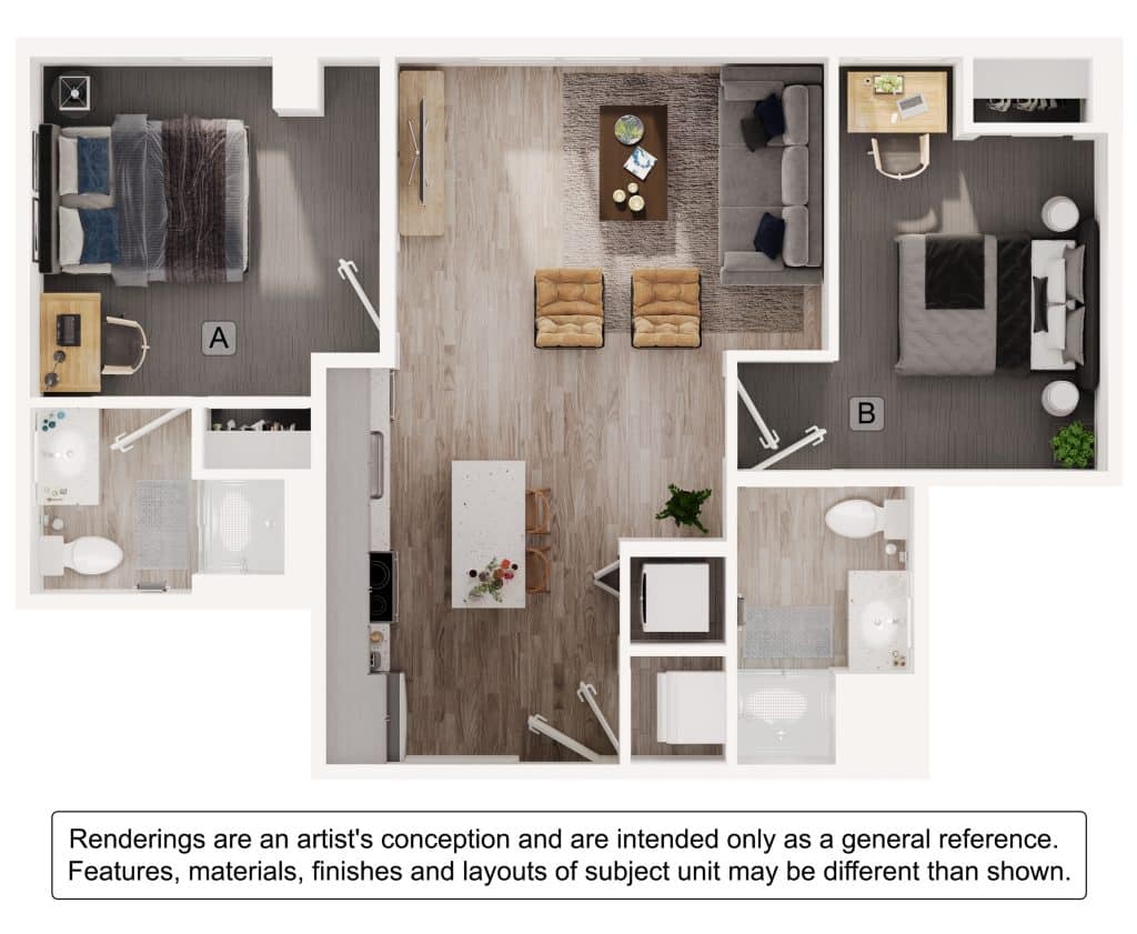 A 3D image of the 2BR/2BA – B4 floorplan, a 718 squarefoot, 2 bed / 2 bath unit