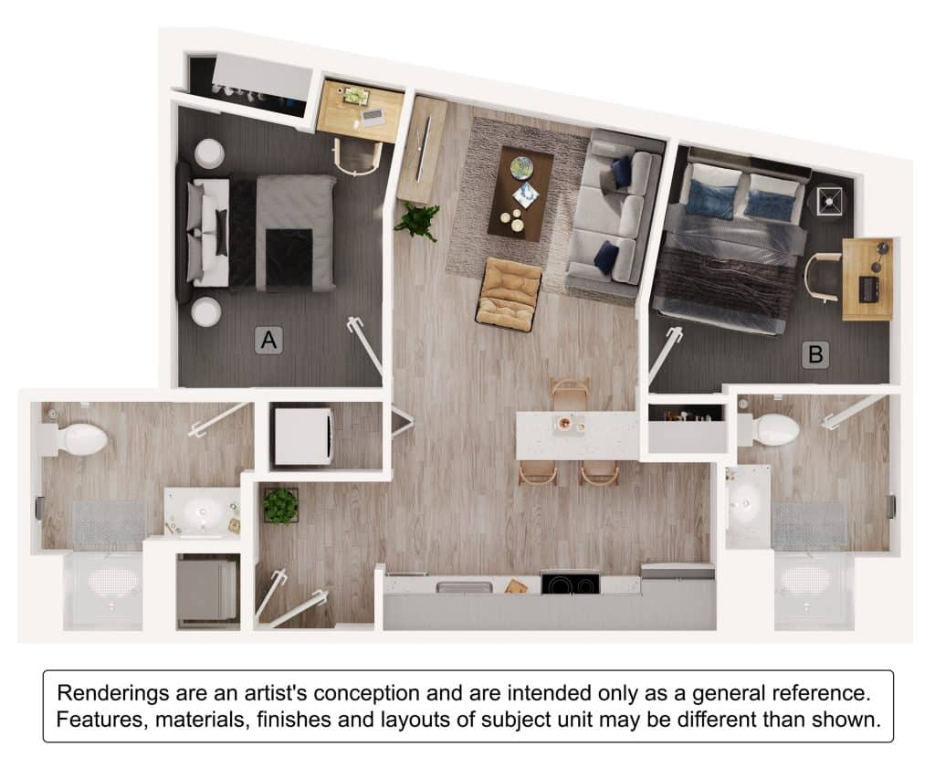 A 3D image of the 2BR/2BA – B5 floorplan, a 727 squarefoot, 2 bed / 2 bath unit