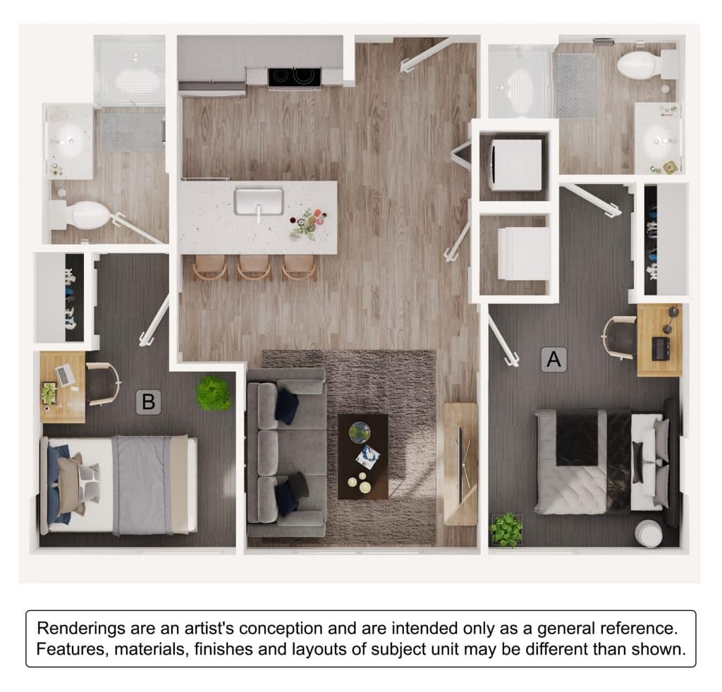 A 3D image of the 2BR/2BA – B6 floorplan, a 739 squarefoot, 2 bed / 2 bath unit