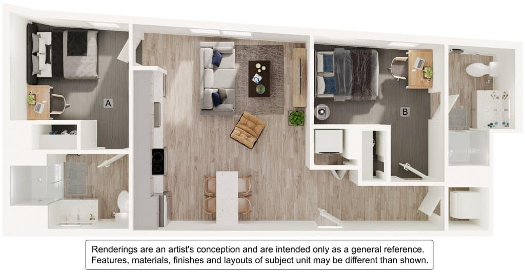 A 3D image of the 2BR/2BA – B7 floorplan, a 741 squarefoot, 2 bed / 2 bath unit