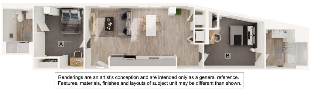 A 3D image of the 2BR/2BA – B8 floorplan, a 898 squarefoot, 2 bed / 2 bath unit