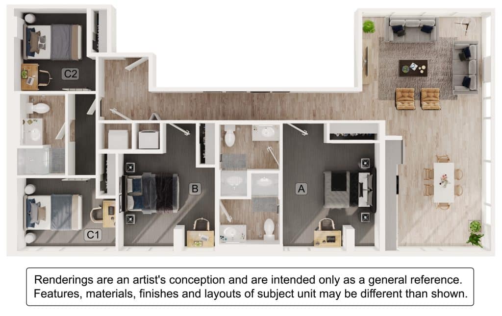 A 3D image of the 3BR/3BA – C1 floorplan, a 1512 squarefoot, 3 bed / 3 bath unit