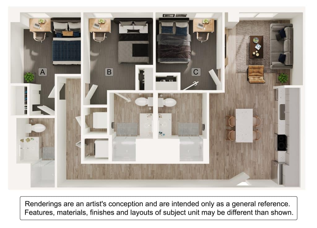 A 3D image of the 3BR/3BA – C2 floorplan, a 990 squarefoot, 3 bed / 3 bath unit