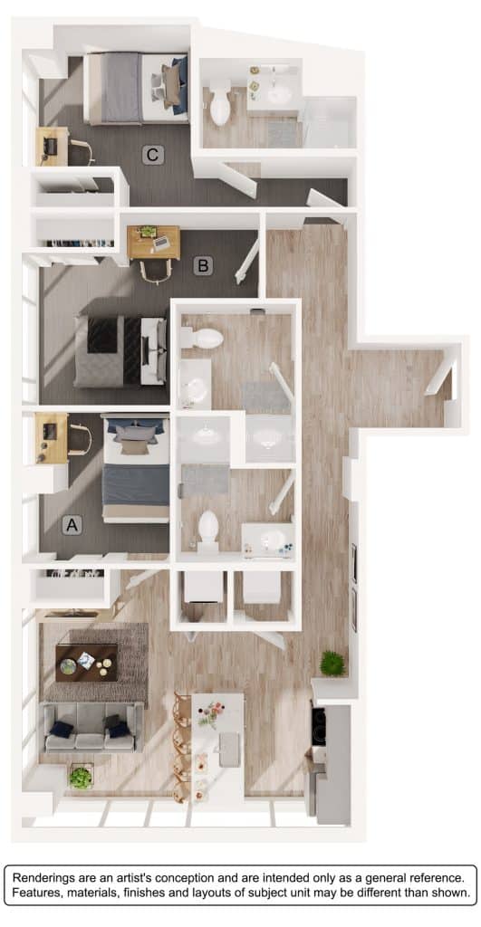 A 3D image of the 3BR/3BA – C3 floorplan, a 1047 squarefoot, 3 bed / 3 bath unit