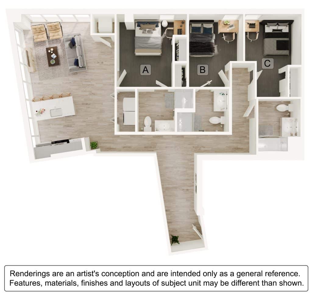 A 3D image of the 3BR/3BA – C4 floorplan, a 1300 squarefoot, 3 bed / 3 bath unit