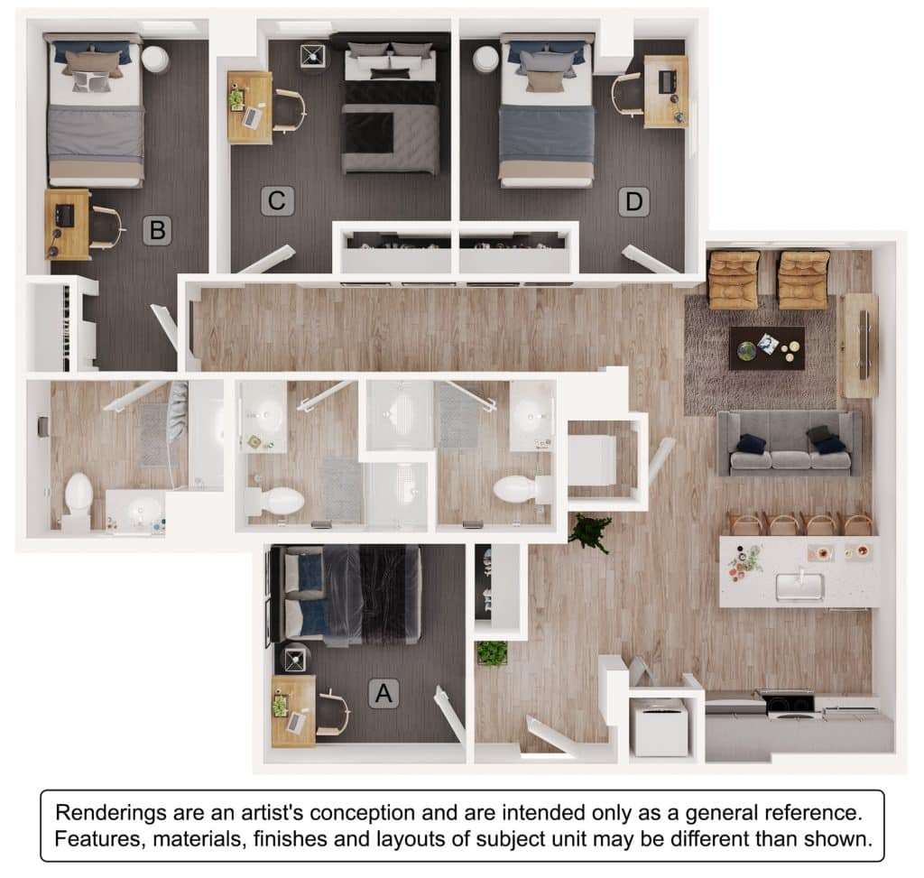 A 3D image of the 4BR/3BA – D1 floorplan, a 1188 squarefoot, 4 bed / 3 bath unit