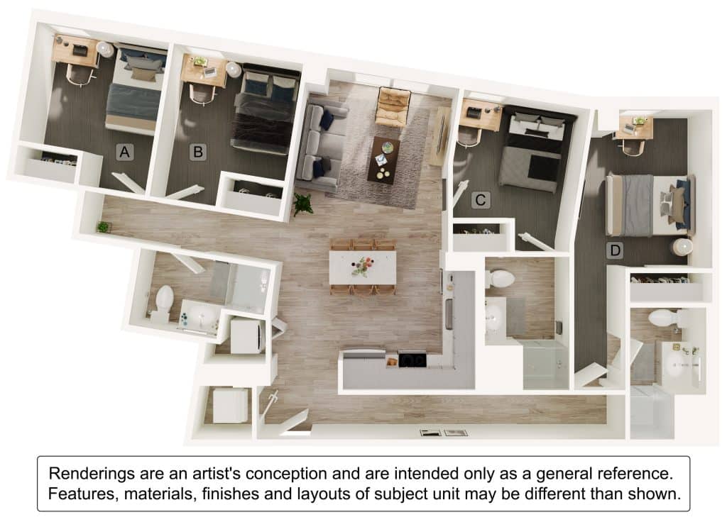 A 3D image of the 4BR/3BA – D2 floorplan, a 1187 squarefoot, 4 bed / 3 bath unit