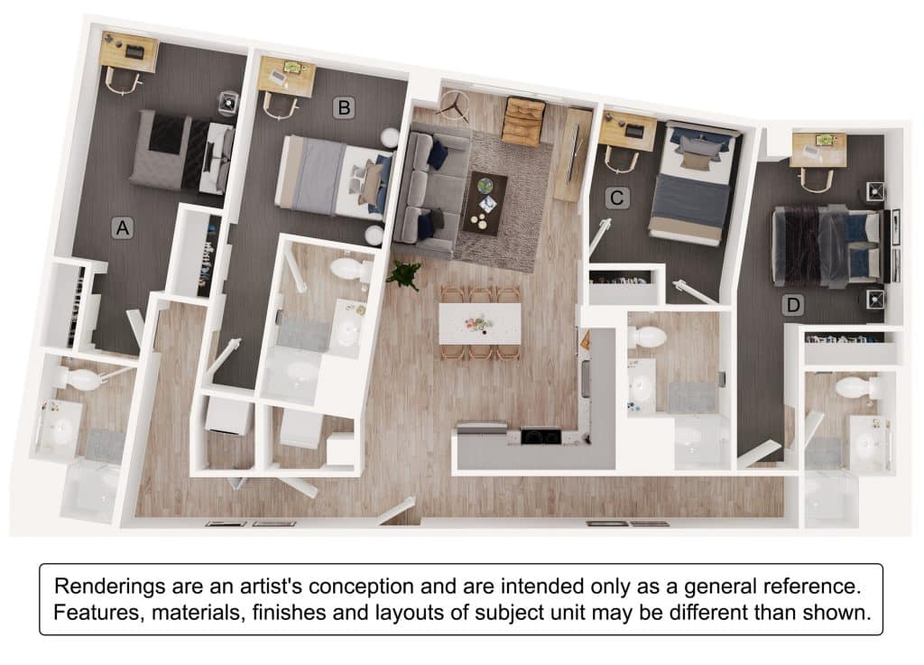 A 3D image of the 4BR/4BA – D3 floorplan, a 1399 squarefoot, 4 bed / 4 bath unit