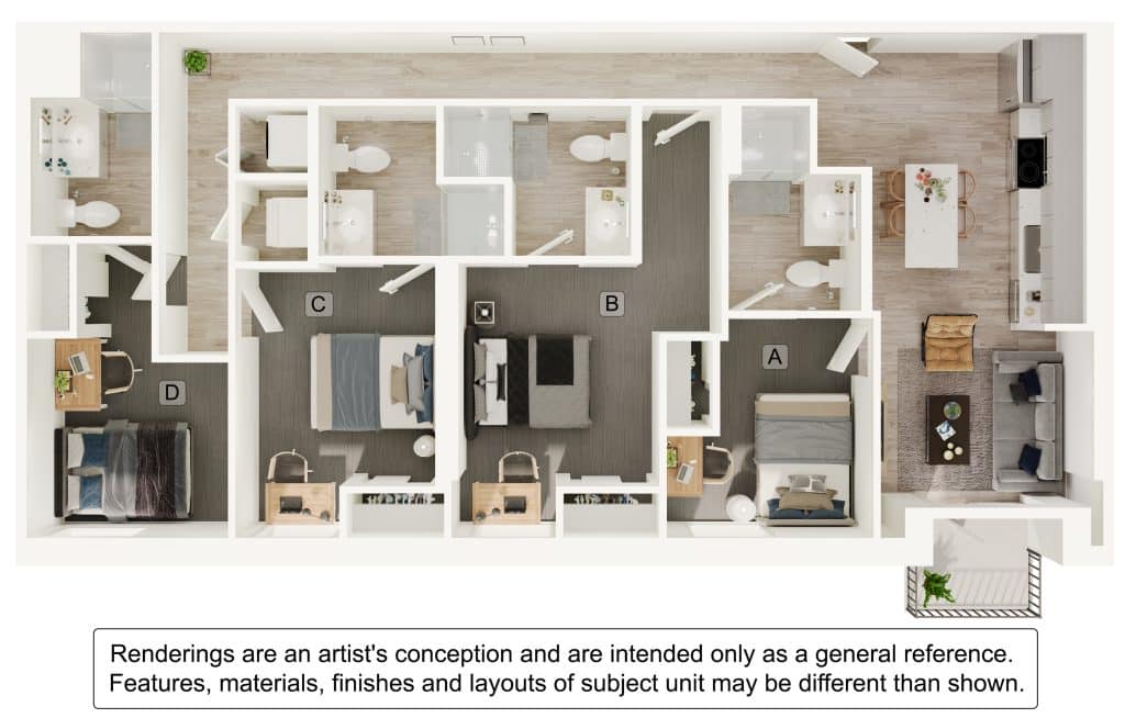 A 3D image of the 4BR/4BA – D5 floorplan, a 1226 squarefoot, 4 bed / 4 bath unit