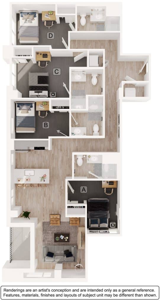 A 3D image of the 4BR/4BA – D4 floorplan, a 1319 squarefoot, 4 bed / 4 bath unit