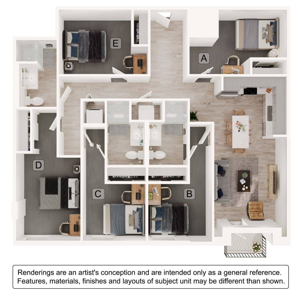 A 3D image of the 5BR/3BA – E1 floorplan, a 1347 squarefoot, 5 bed / 3 bath unit