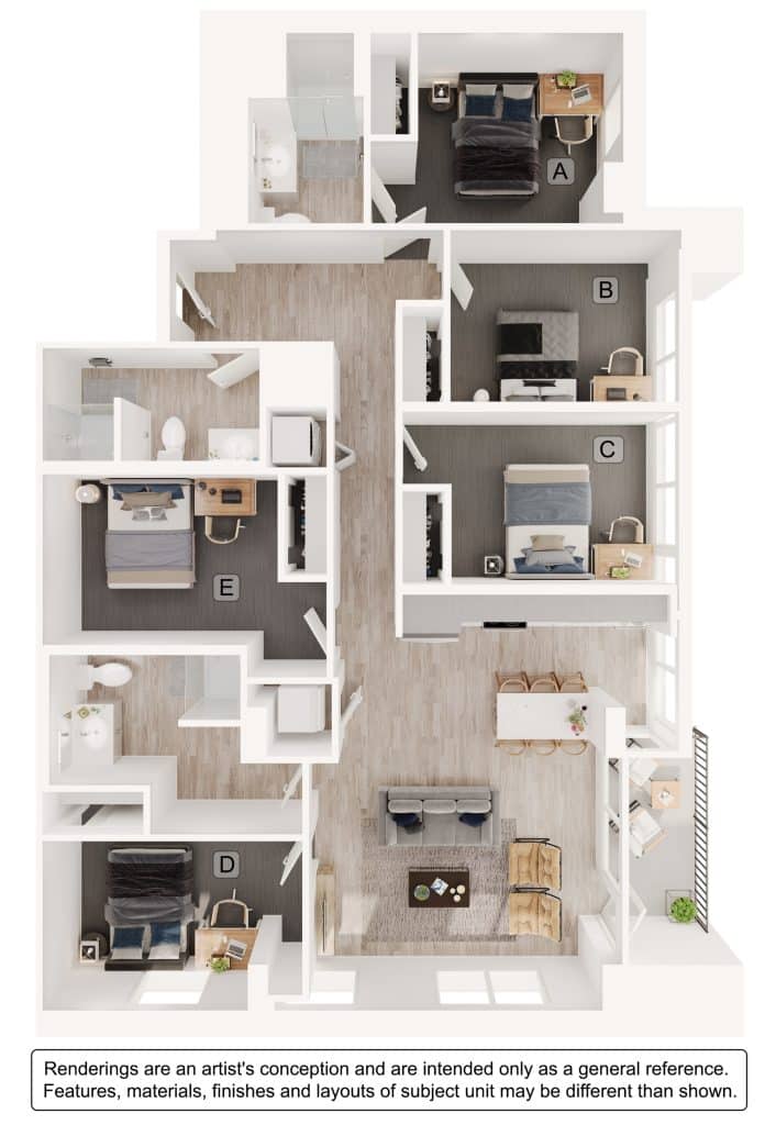 A 3D image of the 5BR/3BA – E2 floorplan, a 1485 squarefoot, 5 bed / 3 bath unit