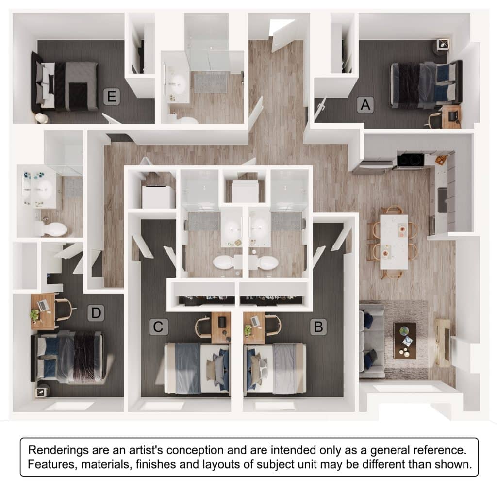 A 3D image of the 5BR/4BA – E3 floorplan, a 1379 squarefoot, 5 bed / 4 bath unit