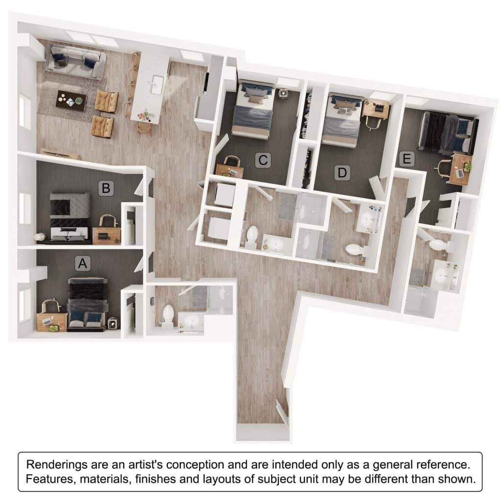 A 3D image of the 5BR/4BA – E4 floorplan, a 1633 squarefoot, 5 bed / 4 bath unit