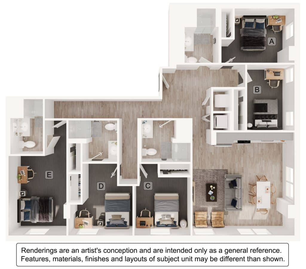 A 3D image of the 5BR/4BA – E5 floorplan, a 1619 squarefoot, 5 bed / 4 bath unit