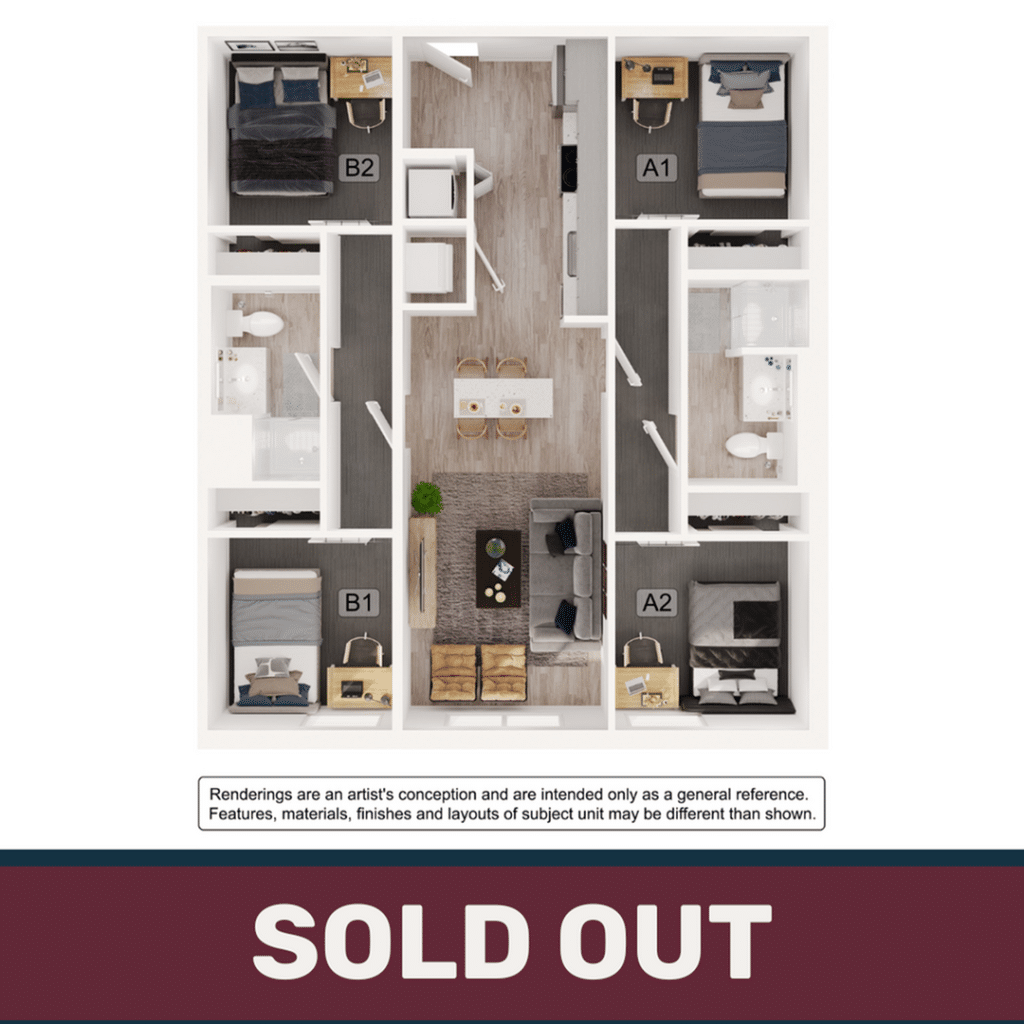 A 3D image of the 2BR/2BA – B1 floorplan, a 1035 squarefoot, 2 bed / 2 bath unit