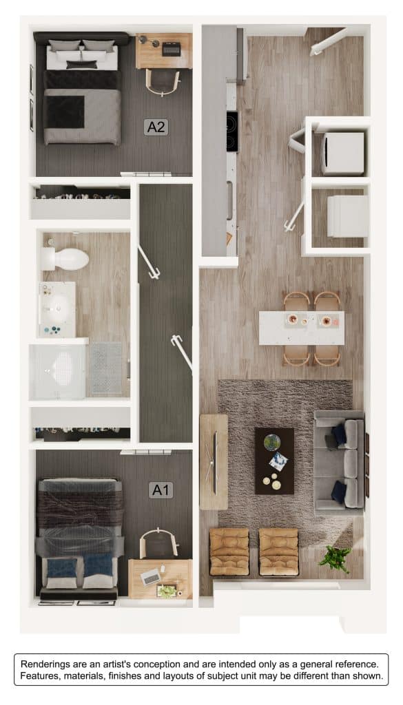 A 3D image of the 1BR/1BA – A1 floorplan, a 693 squarefoot, 1 bed / 1 bath unit