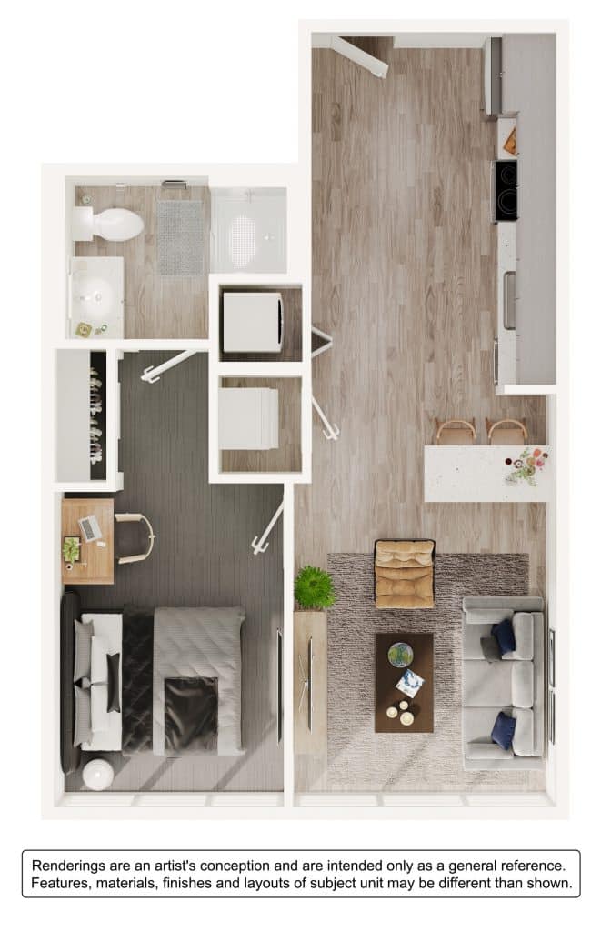 A 3D image of the 1BR/1BA – A4 floorplan, a 562 squarefoot, 1 bed / 1 bath unit