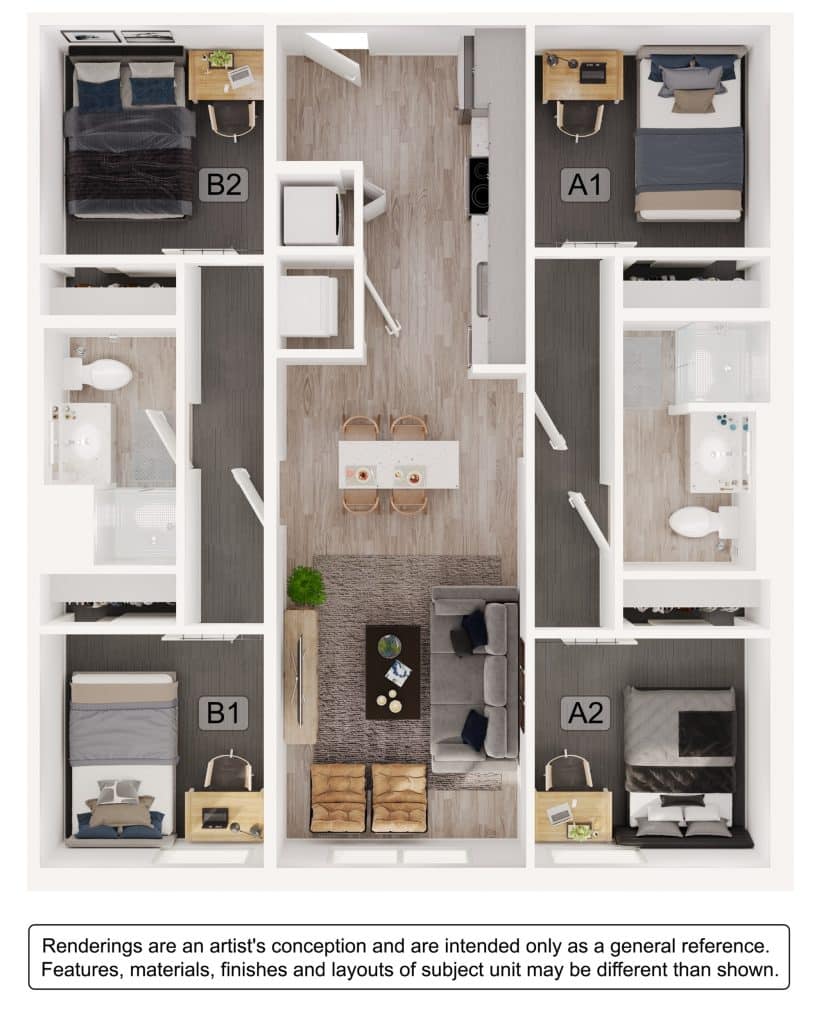 A 3D image of the 2BR/2BA – B1 floorplan, a 1035 squarefoot, 2 bed / 2 bath unit