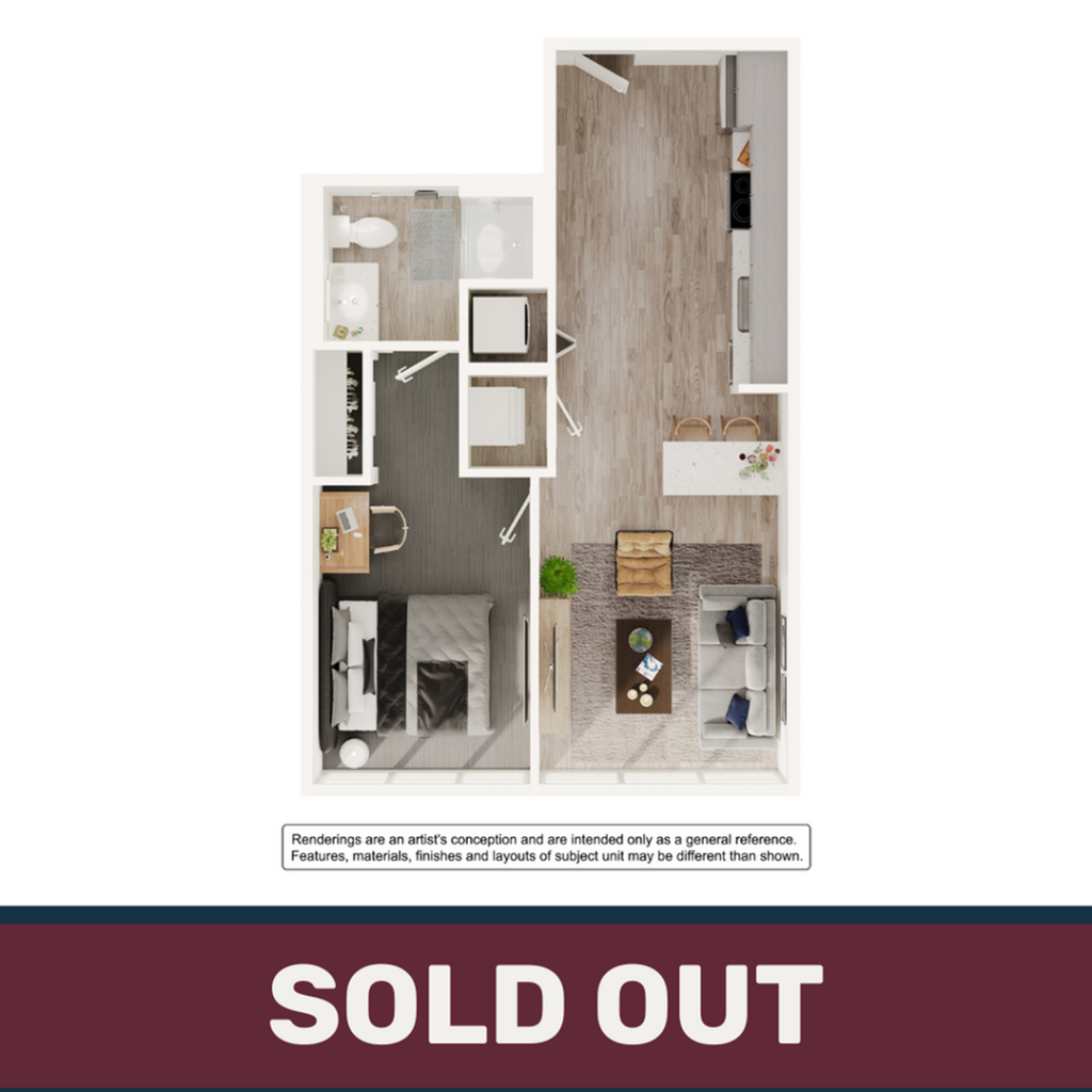 A 3D image of the 1BR/1BA – A4 floorplan, a 562 squarefoot, 1 bed / 1 bath unit