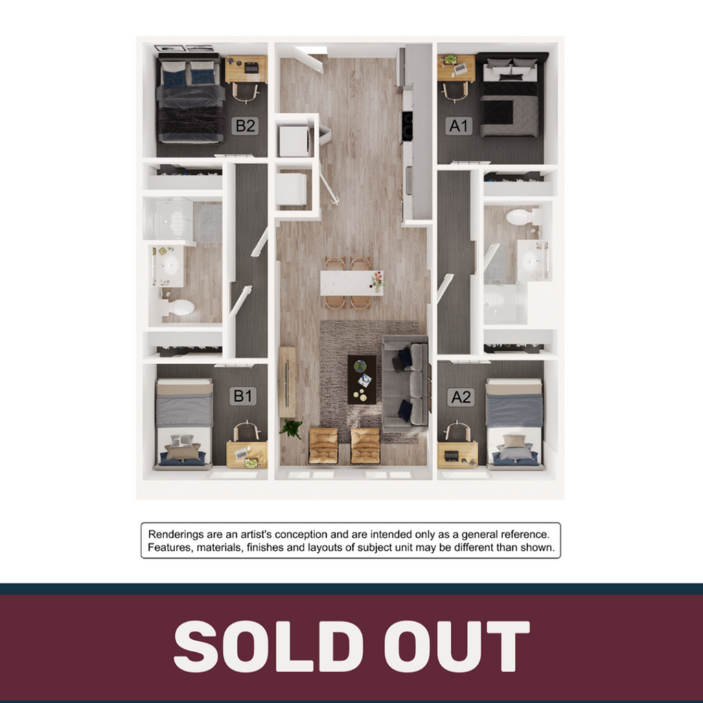 A 3D image of the 2BR/2BA – B2 floorplan, a 1108 squarefoot, 2 bed / 2 bath unit