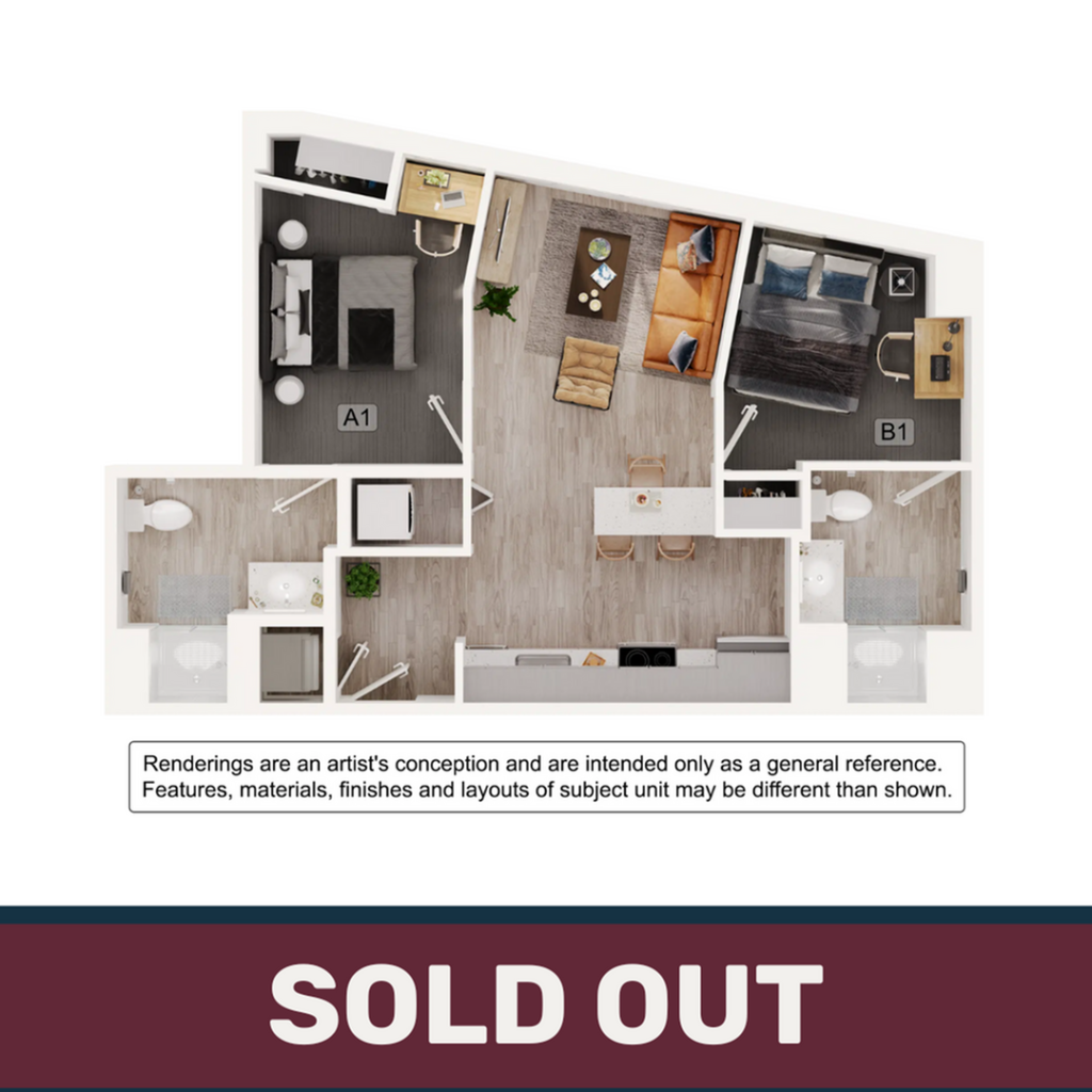 A 3D image of the 2BR/2BA – B5 floorplan, a 727 squarefoot, 2 bed / 2 bath unit