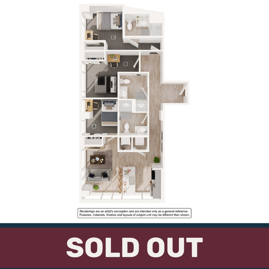 A 3D image of the 3BR/3BA – C3 floorplan, a 1047 squarefoot, 3 bed / 3 bath unit