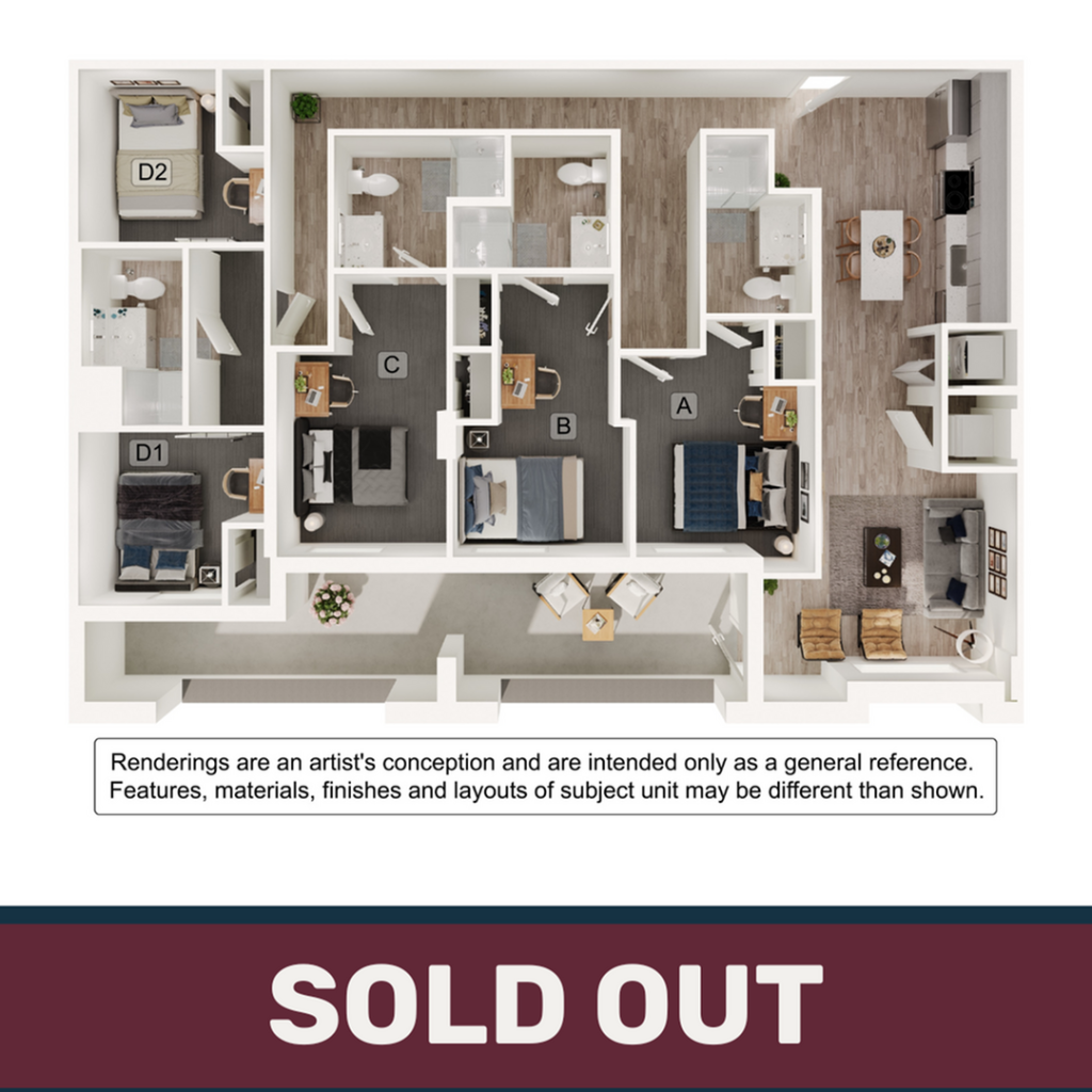 A 3D image of the 4BR/4BA – D6 floorplan, a 1476 squarefoot, 4 bed / 4 bath unit