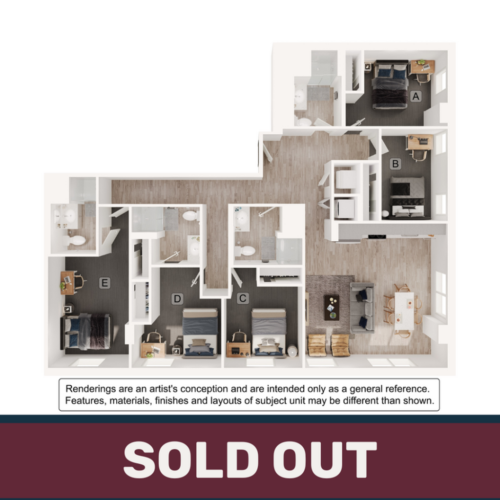 A 3D image of the 5BR/4BA – E5 floorplan, a 1619 squarefoot, 5 bed / 4 bath unit